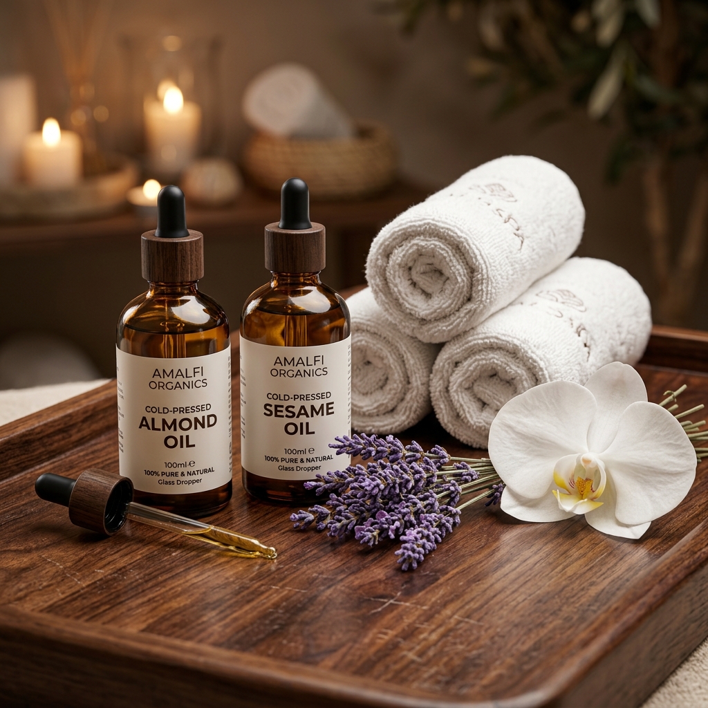 Therapeutic essential oil bottles and fresh towels