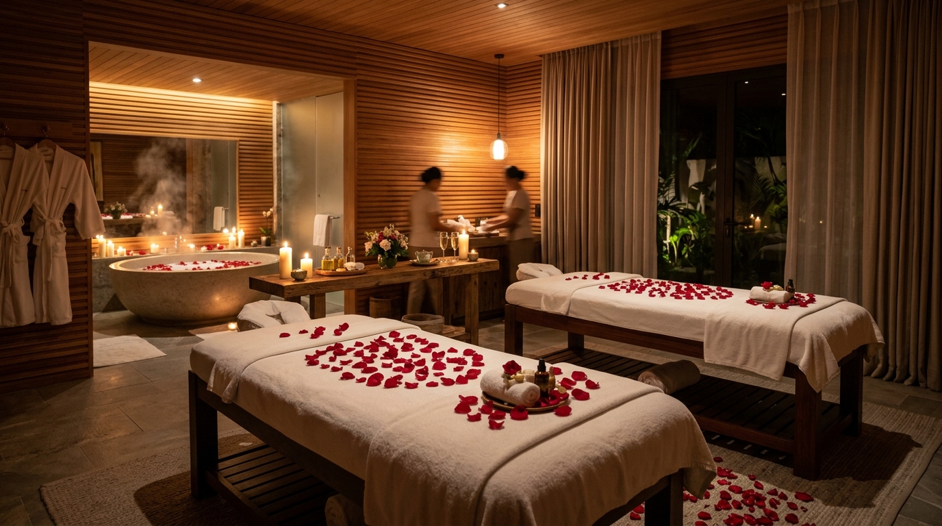 Couples VIP suite with rose petals and dim lighting