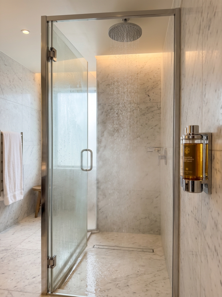 Individual glass shower enclosure in spa suite