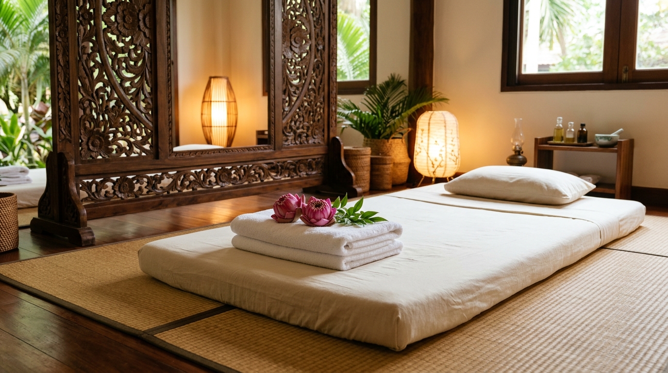Traditional Thai yoga massage room with floor mattress